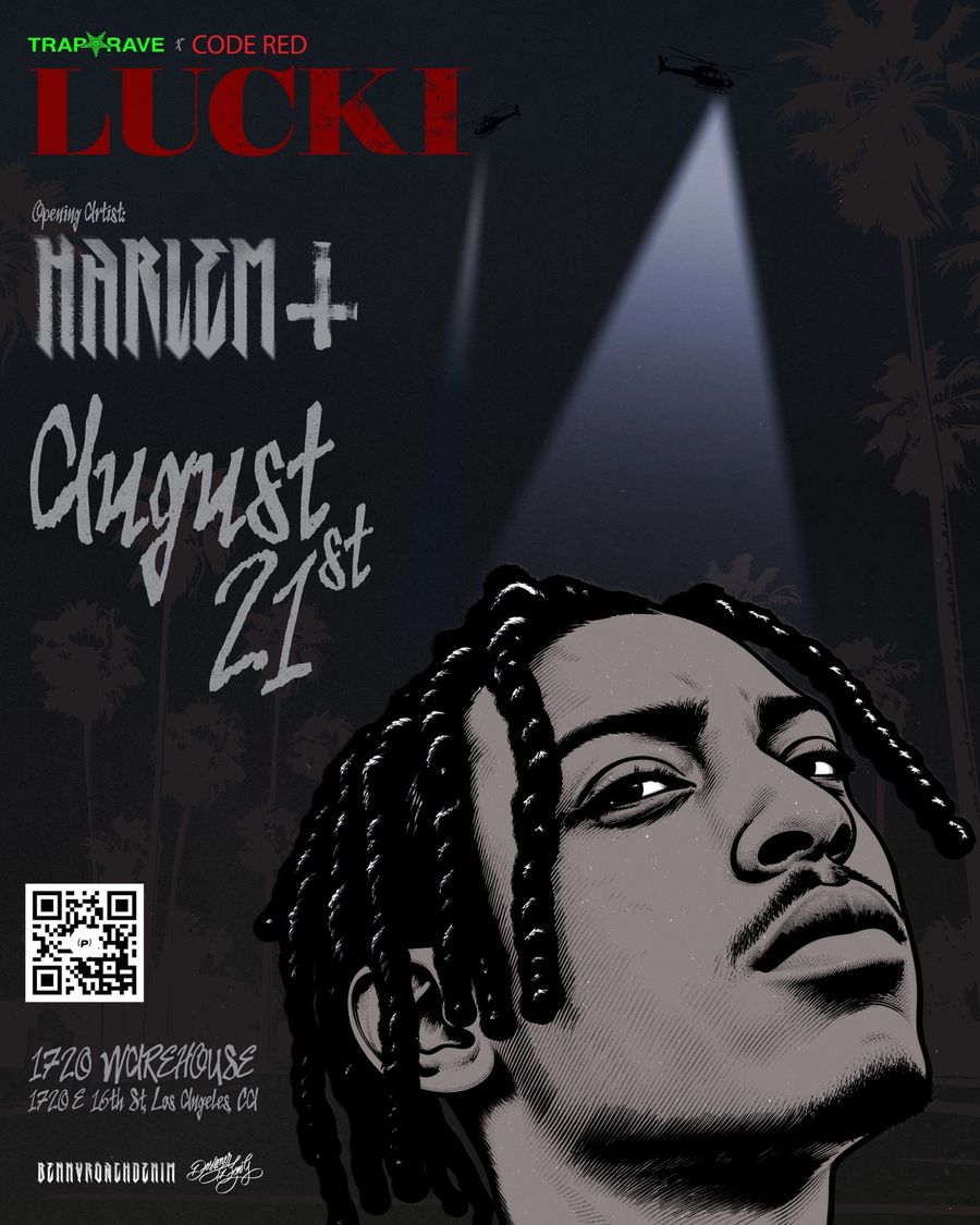 Show flyer for LUCKI at Warehouse 1720 in Los Angeles, August 21, 2026, billing HARLEM as opening artist