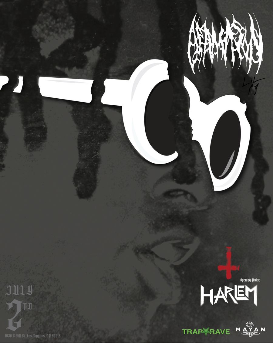 Show flyer for OsamaSon at The Mayan in Los Angeles, July 2, 2026, billing HARLEM as opening artist