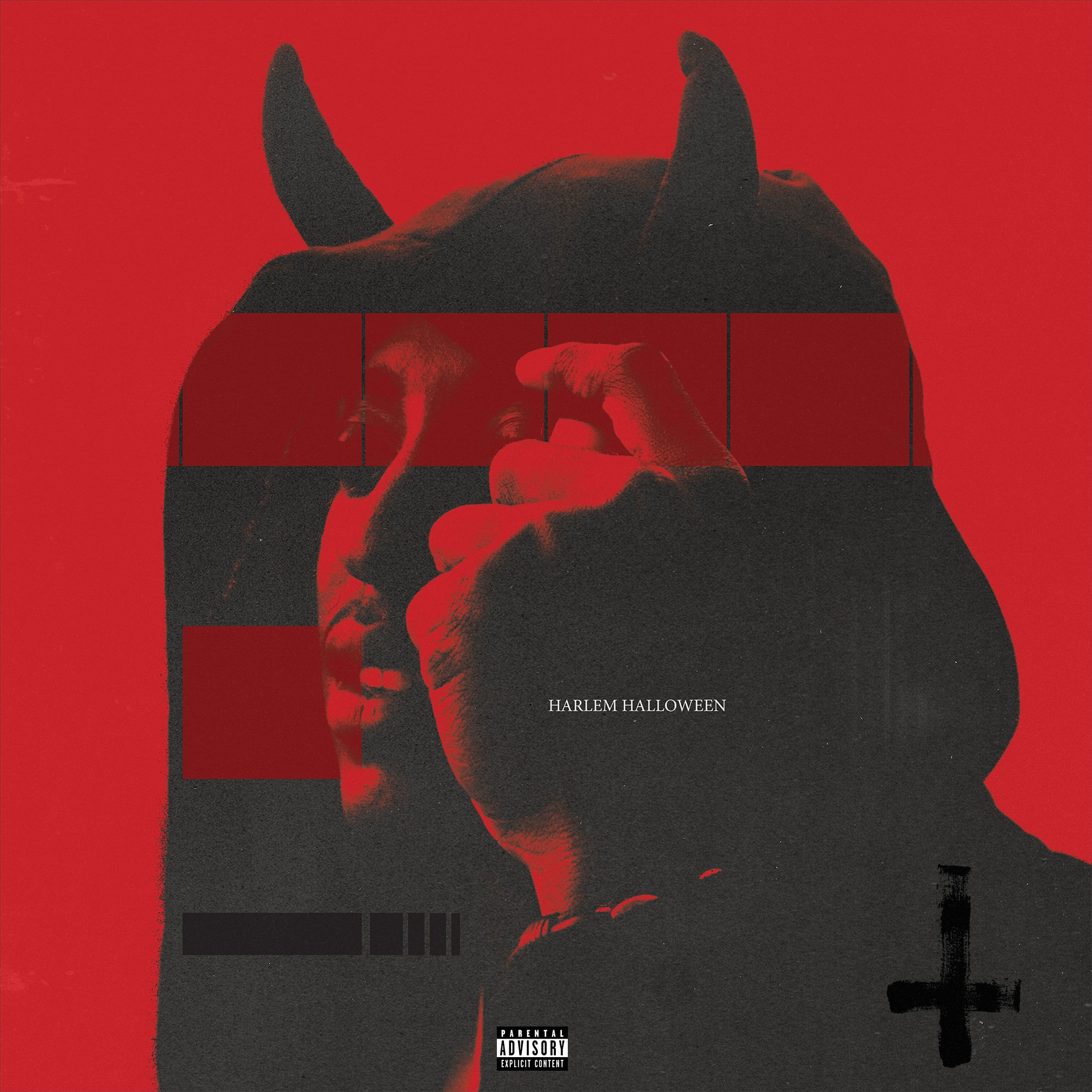 Harlem Halloween cover art: HARLEM in a horned hood against a crimson field