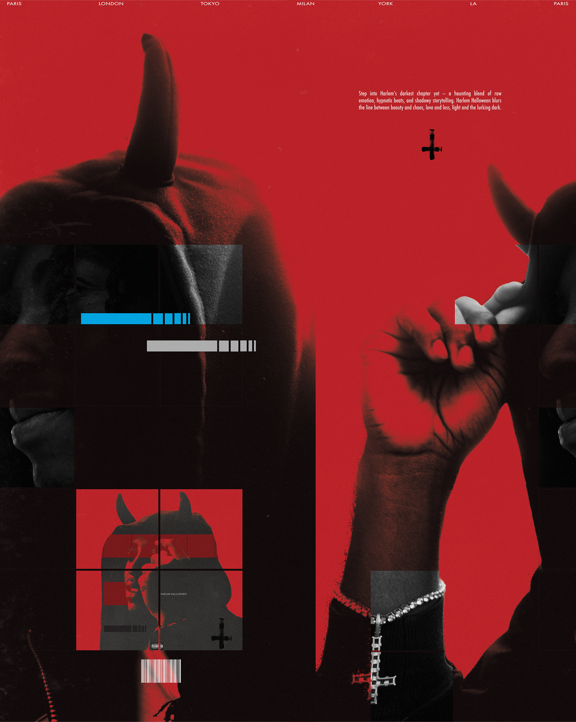 Harlem Halloween poster: HARLEM in a horned hood on a crimson field, with the album cover set into the layout
