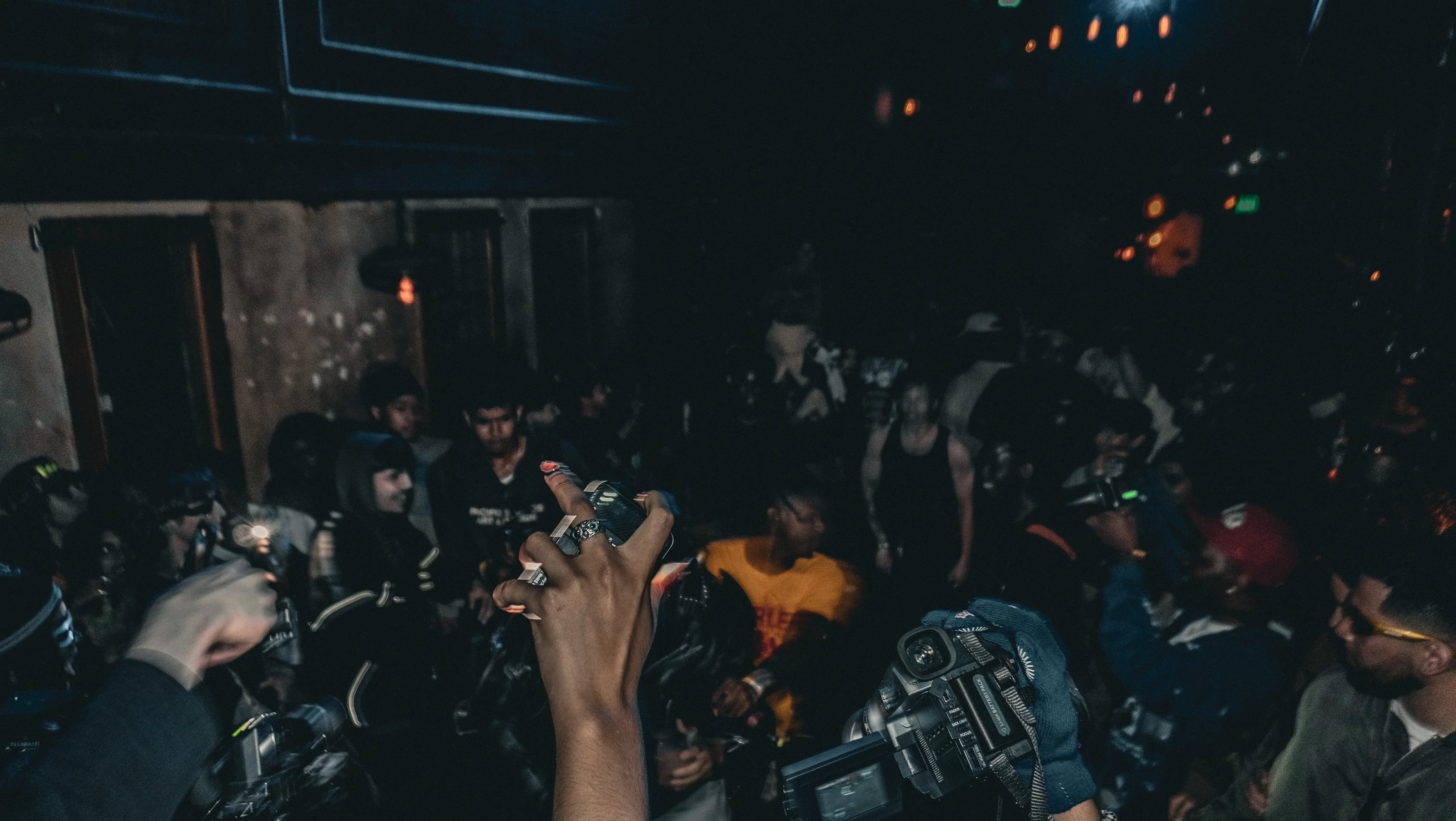 HARLEM reaching into a packed crowd with a microphone during a rage show