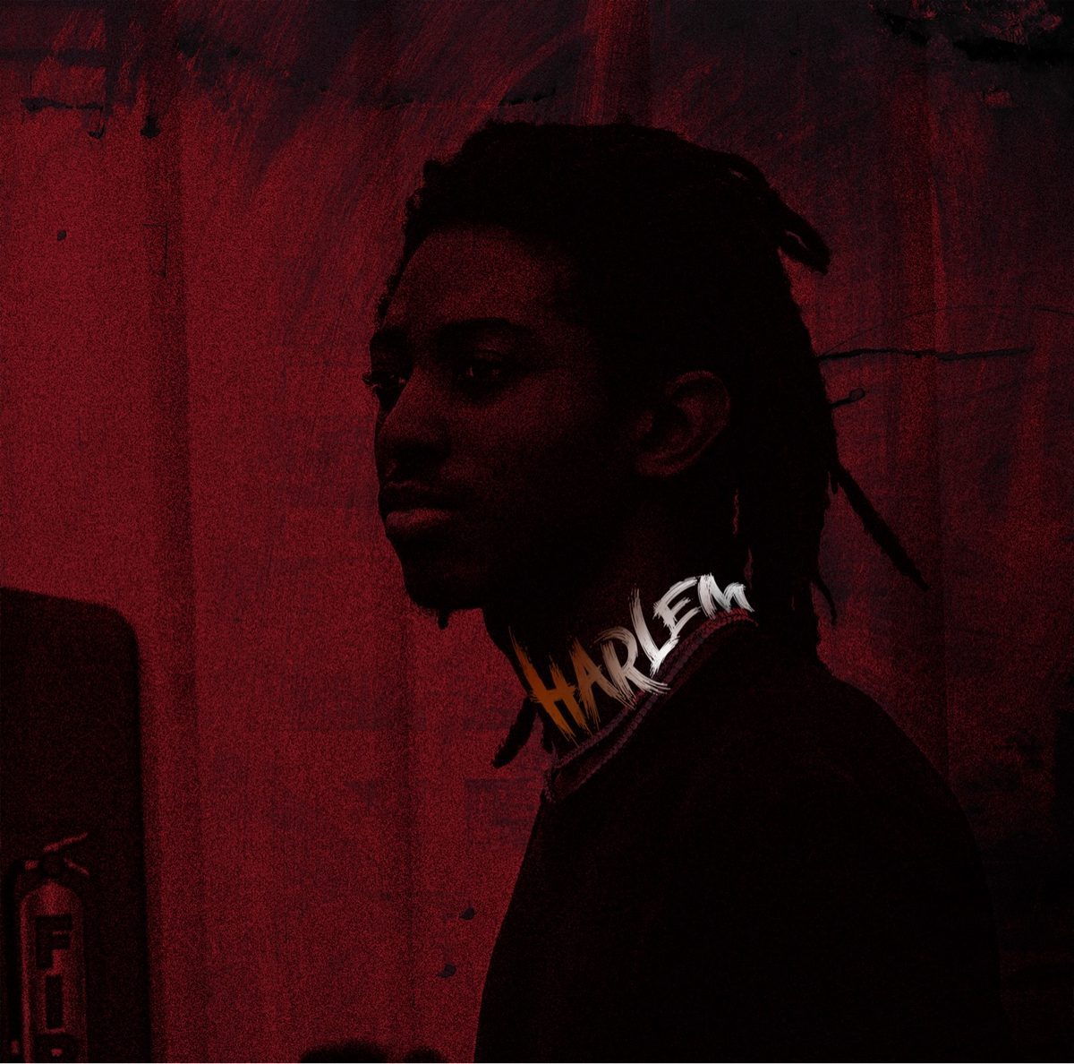 HARLEM debut album cover with a burgundy background and HARLEM in profile