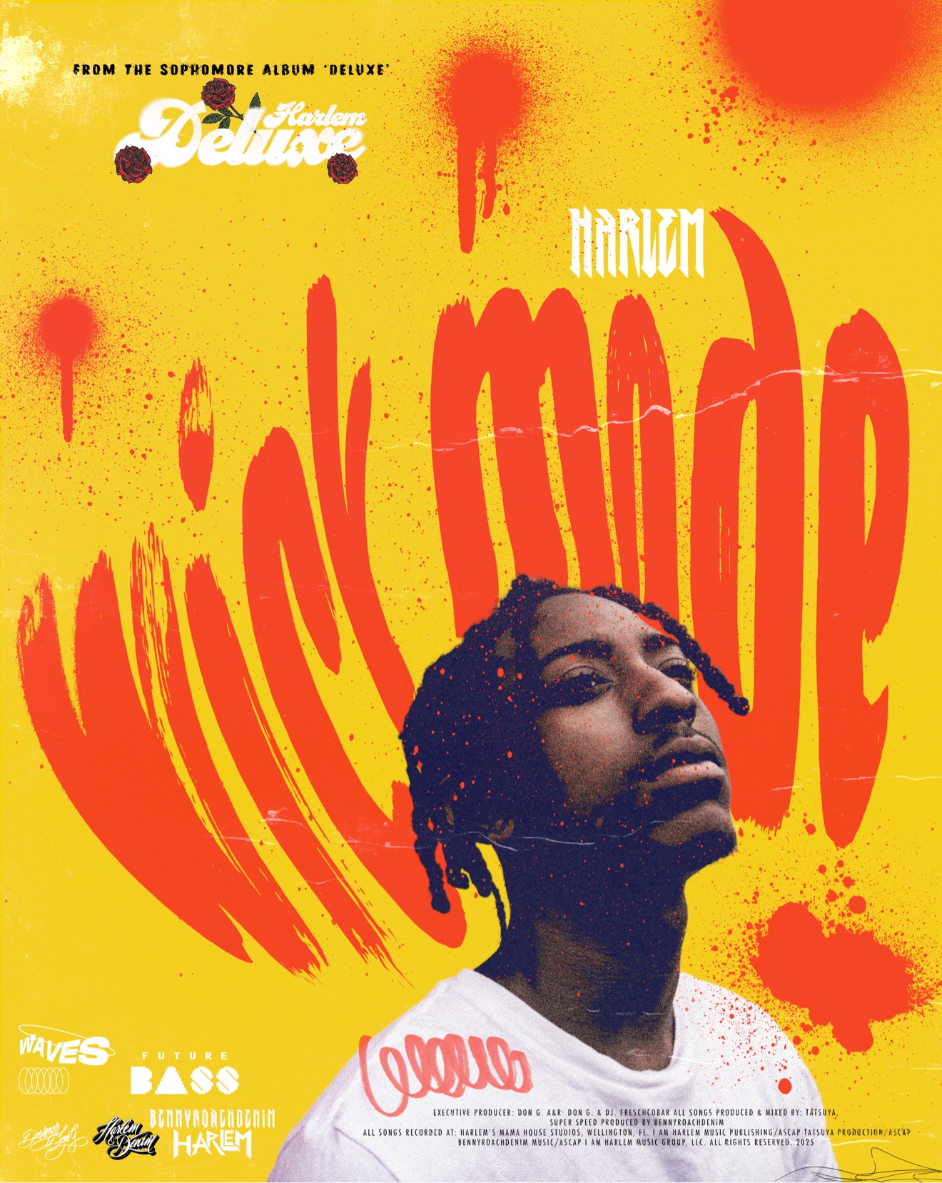 Wick Mode single poster: HARLEM beneath huge red brush lettering on a yellow field